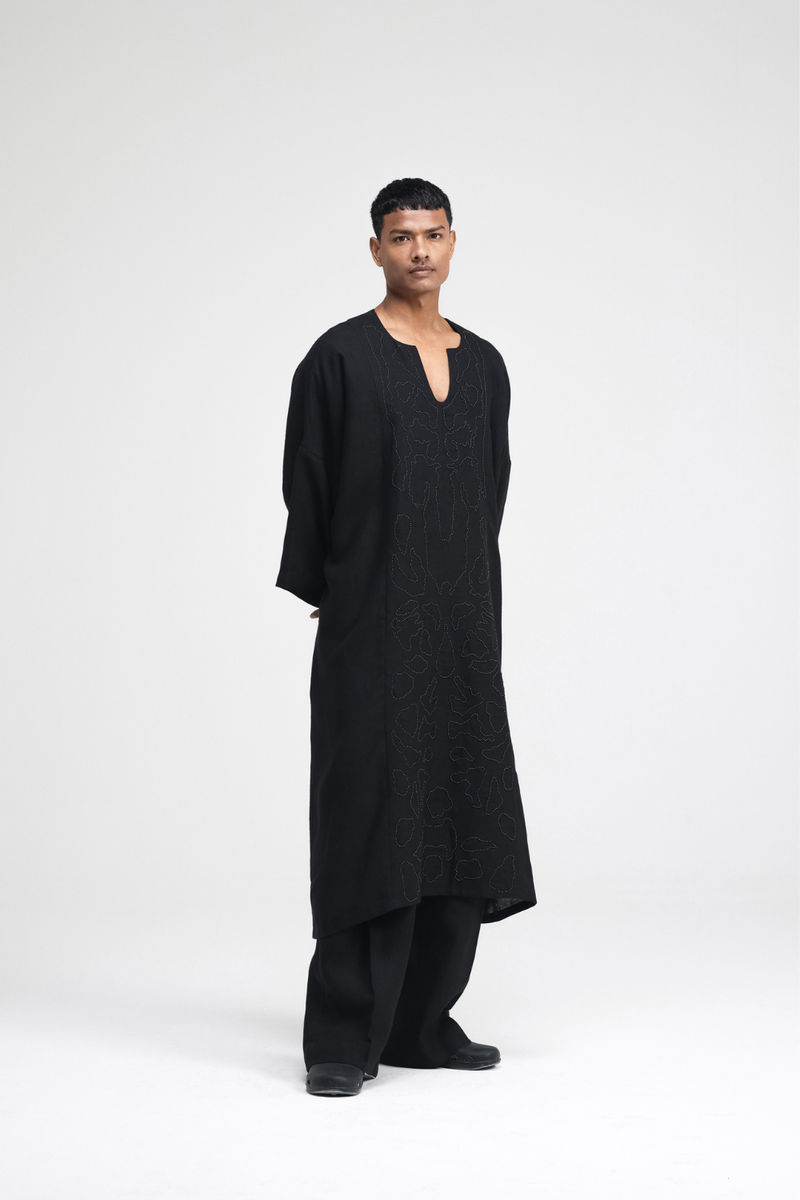 Daichi Hand-Embroidered Kaftan linen by Turn Black in black color for women in Singapore