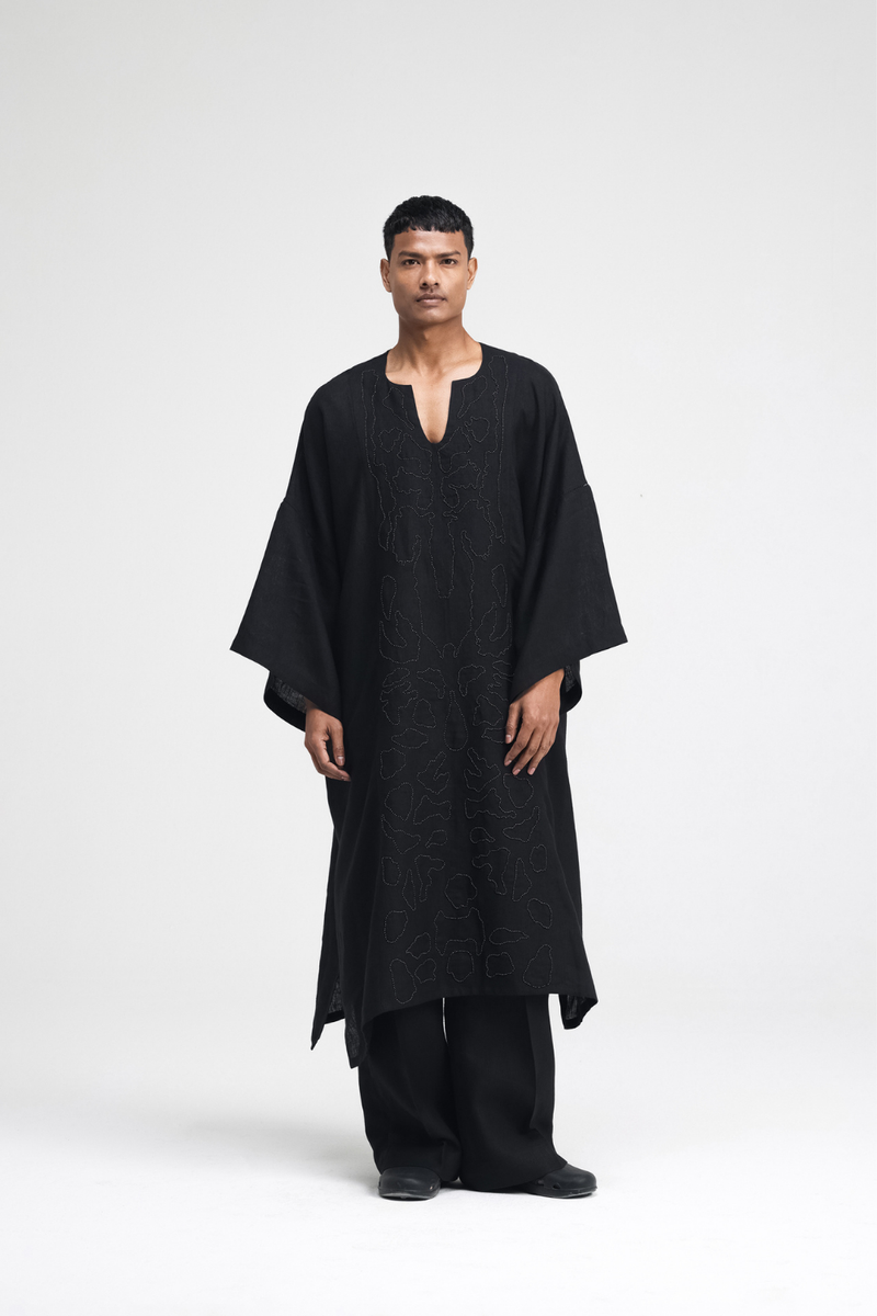 Daichi Hand-Embroidered Kaftan linen by Turn Black in black color for women in Singapore