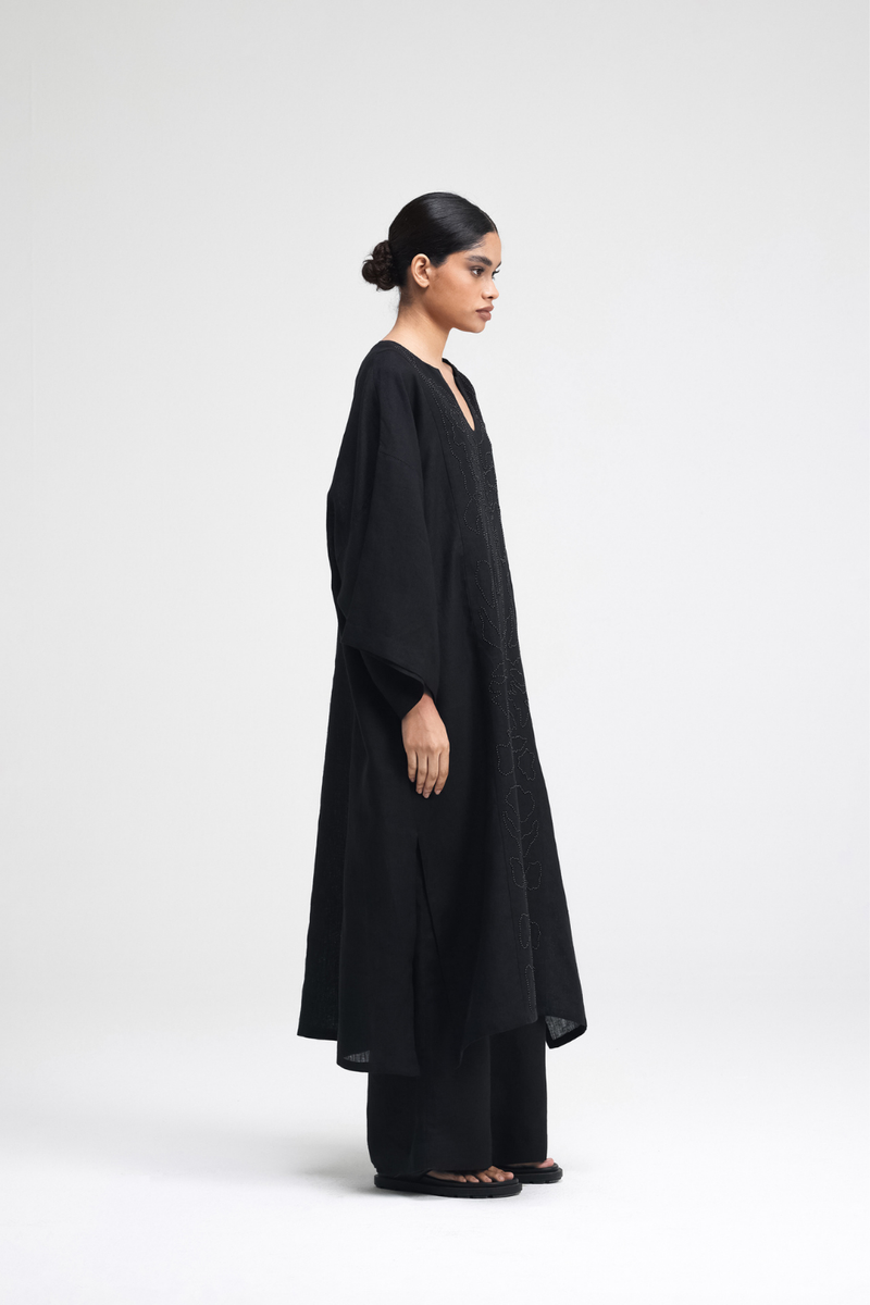 Daichi Hand-Embroidered Kaftan linen by Turn Black in black color for women in Singapore