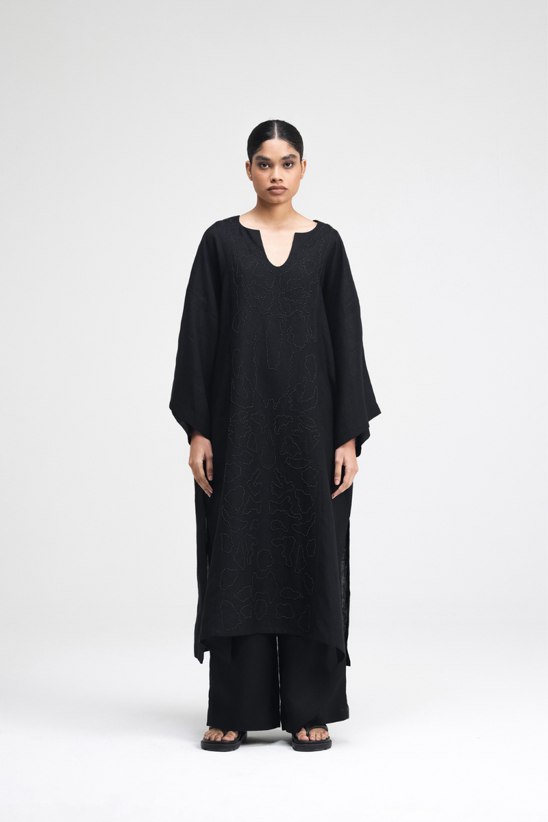 Daichi Hand-Embroidered Kaftan linen by Turn Black in black color for women in Singapore