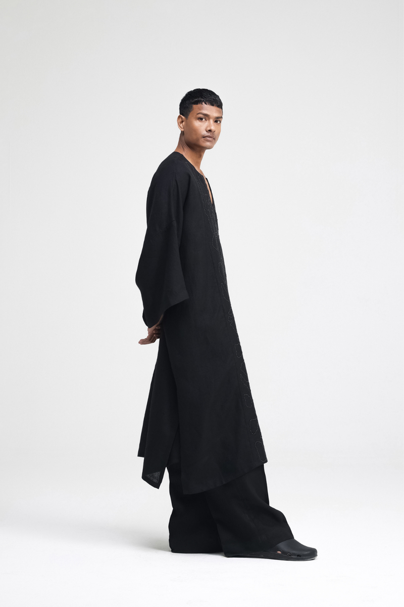 Daichi Hand-Embroidered Kaftan linen by Turn Black in black color for women in Singapore