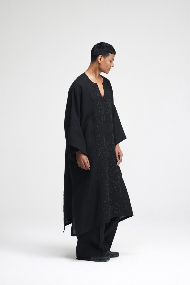 Daichi Hand-Embroidered Kaftan linen by Turn Black in black color for women in Singapore