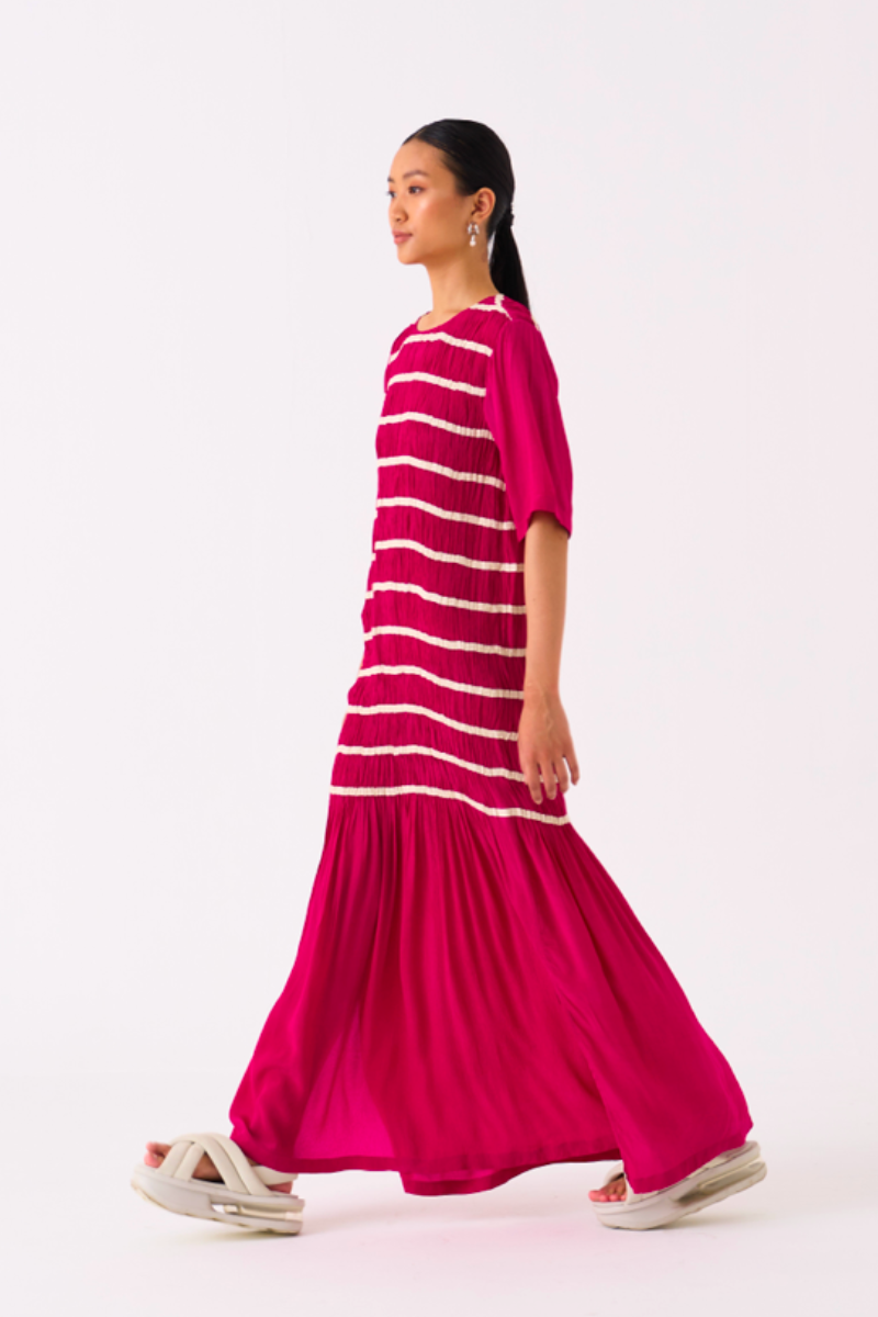 SHIRRING DRESS-FUSCHIA by THREE for women in Singapore