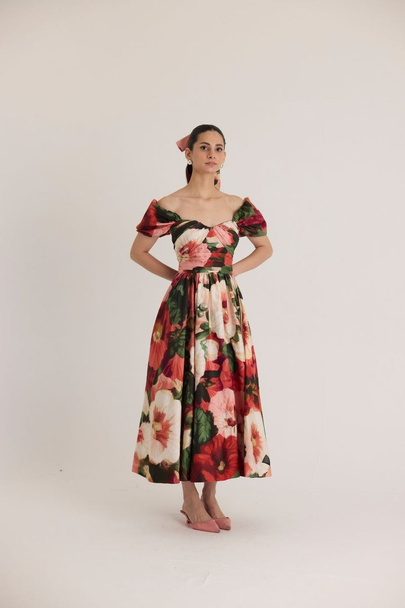 SCARLETT PUFF SLEEVE DRESS satin by Yam in multi color for women in Singapore