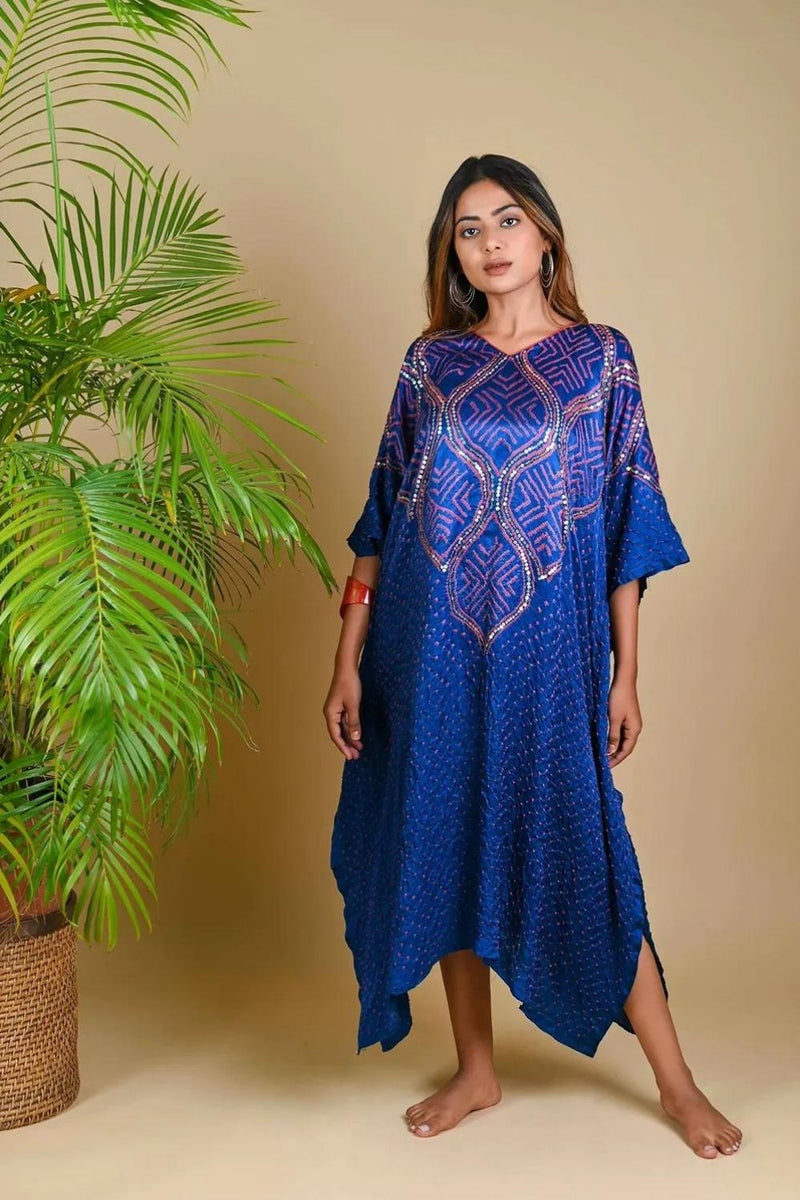 WAVE SEQUENCE KAFTAN-BLUE silk by Dyelogue in blue color for women in Singapore