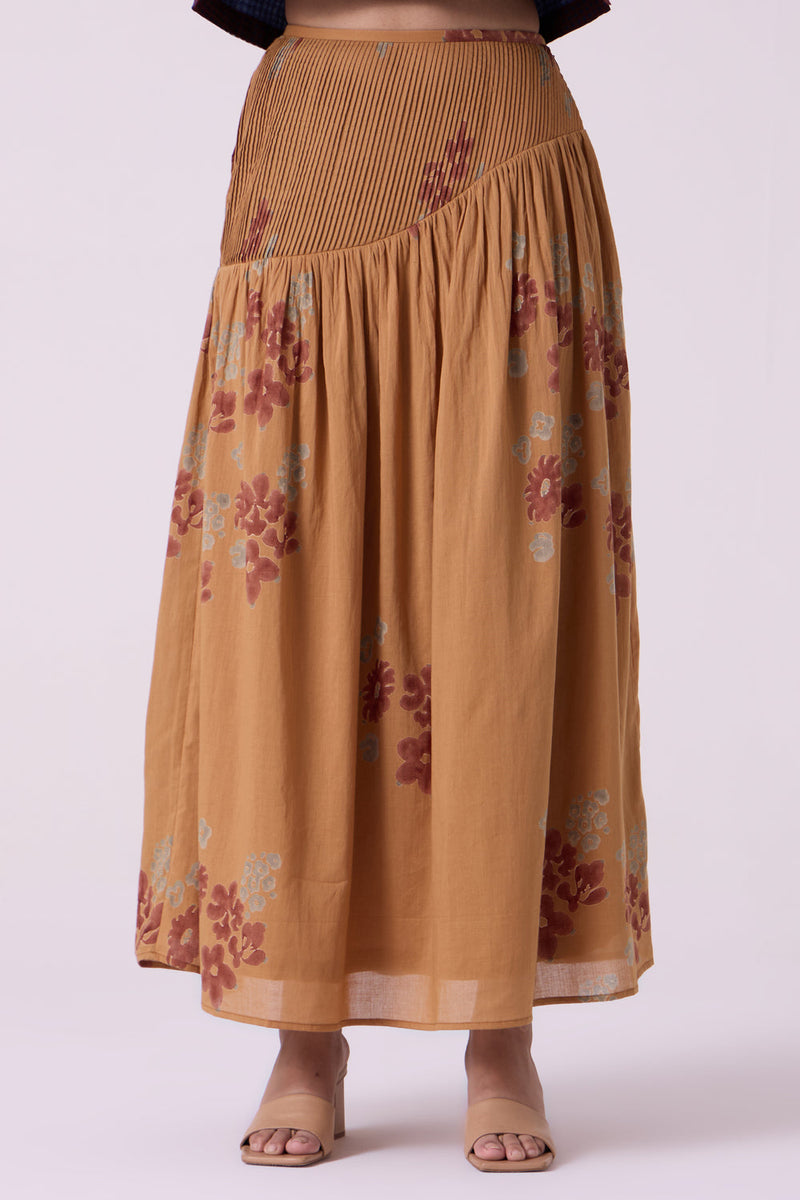 Kaika Floral Hand Printed Maxi Skirt hand block printed cotton mul skirt by The Summer House in brown for women in Singapore