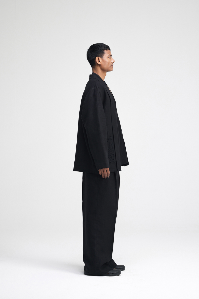 Sorai Hand-Embroidered Overlay linen by Turn Black in black color for men in Singapore