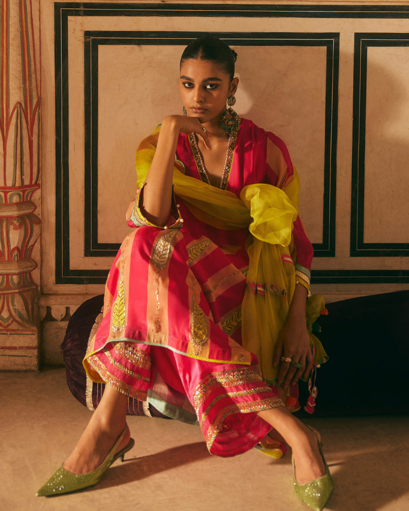 Khel Pink And Nude Pintuck Kurta Set mul by Rajiramniq in multi color for women in Singapore