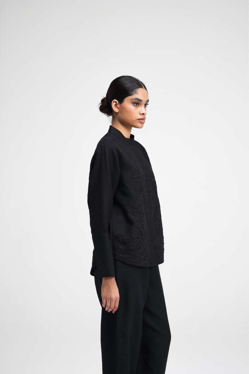 Sarna Hand Embroidered Shirt linen by Turn Black in black color for women in Singapore