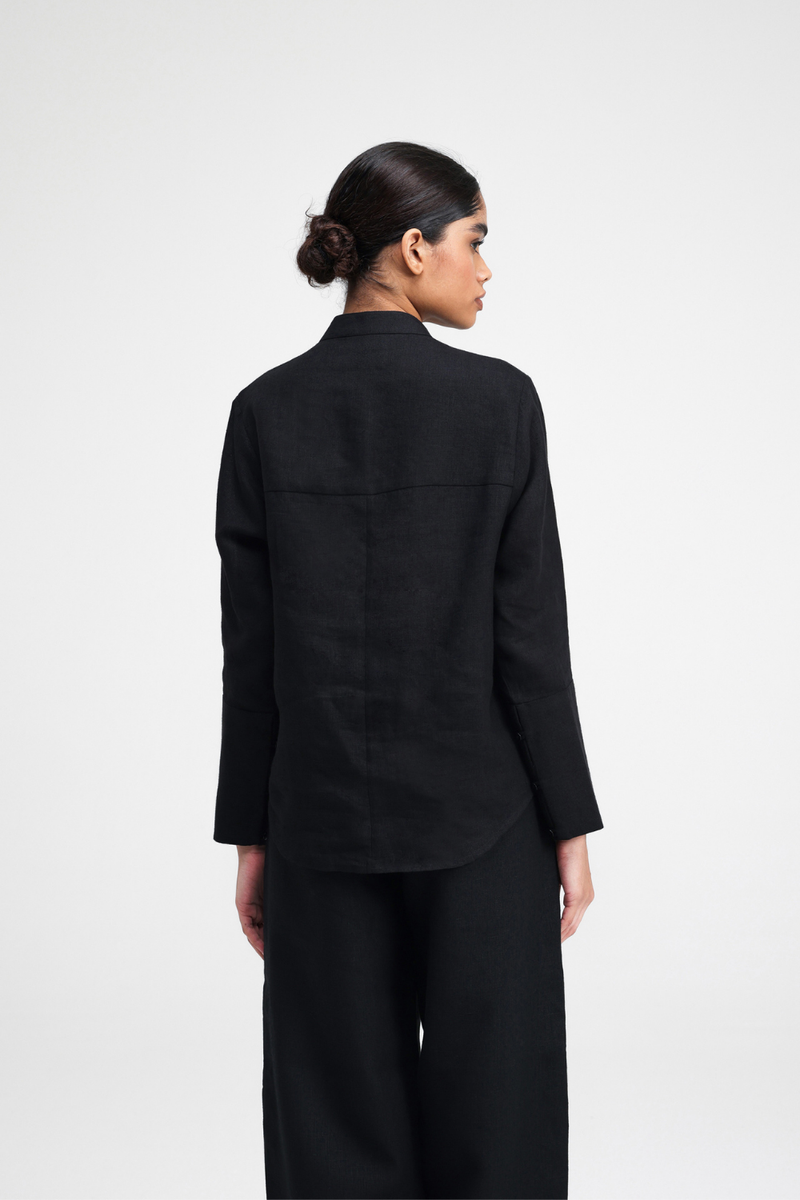 Sarna Hand Embroidered Shirt linen by Turn Black in black color for women in Singapore