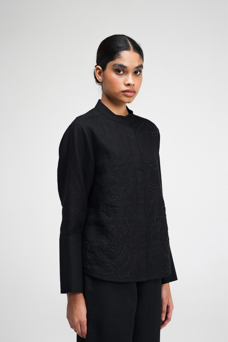 Sarna Hand Embroidered Shirt linen by Turn Black in black color for women in Singapore