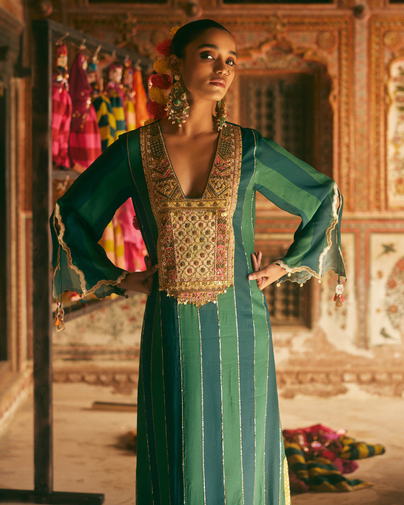 Khel Teal Green Stripe Kaftan Dress by Rajiramniq in green color for women in Singapore