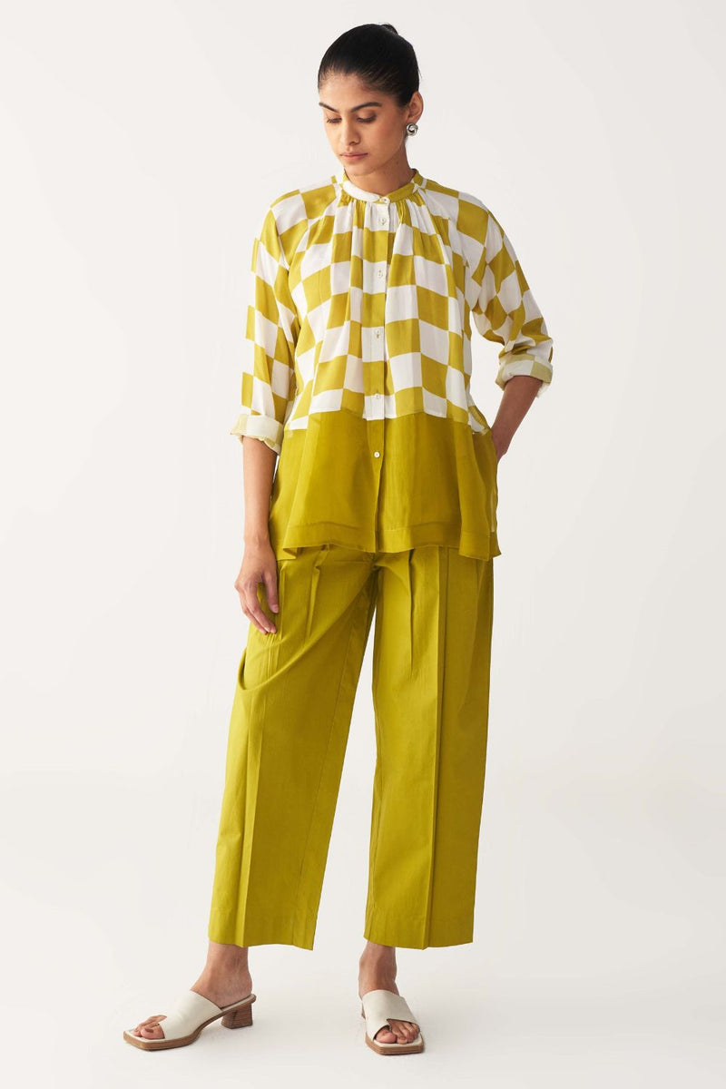 CHECKERED PEASANT TOP CO-ORD-LIME silk by THREE for women in Singapore