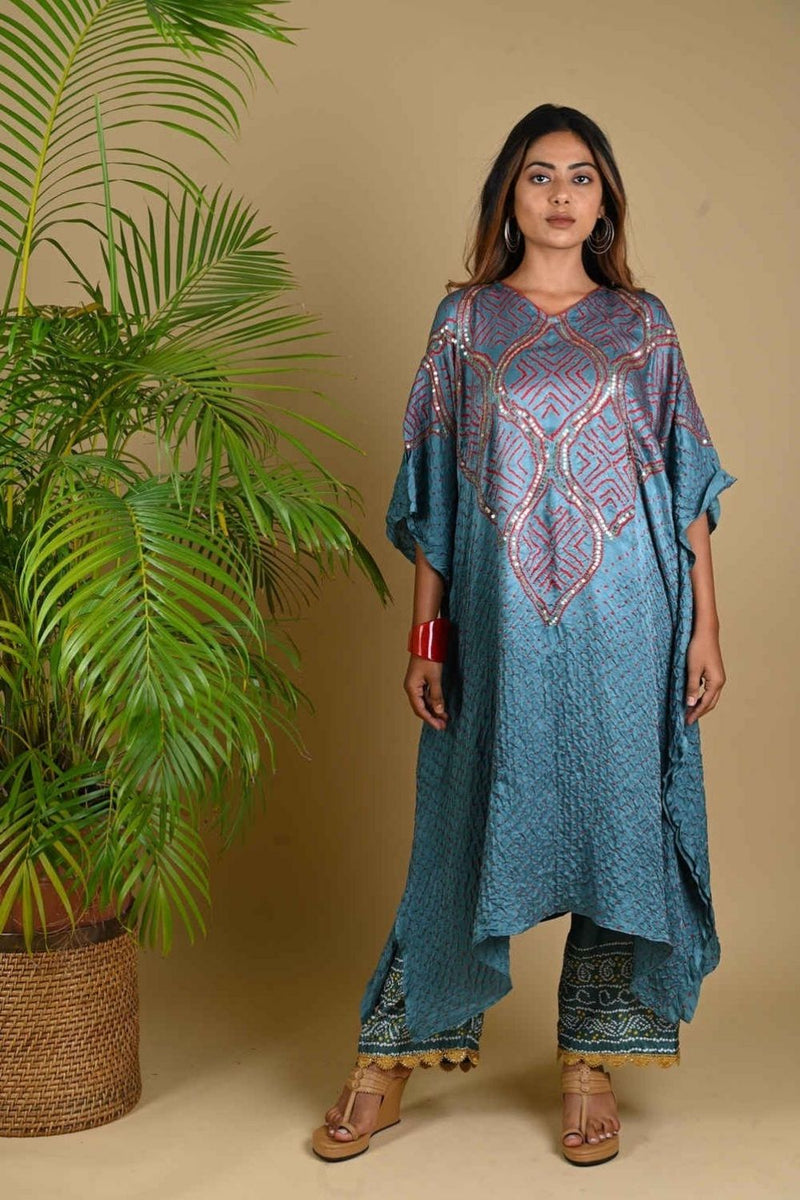 WAVE SEQUENCE KAFTAN-GREY silk by Dyelogue in grey color for women in Singapore