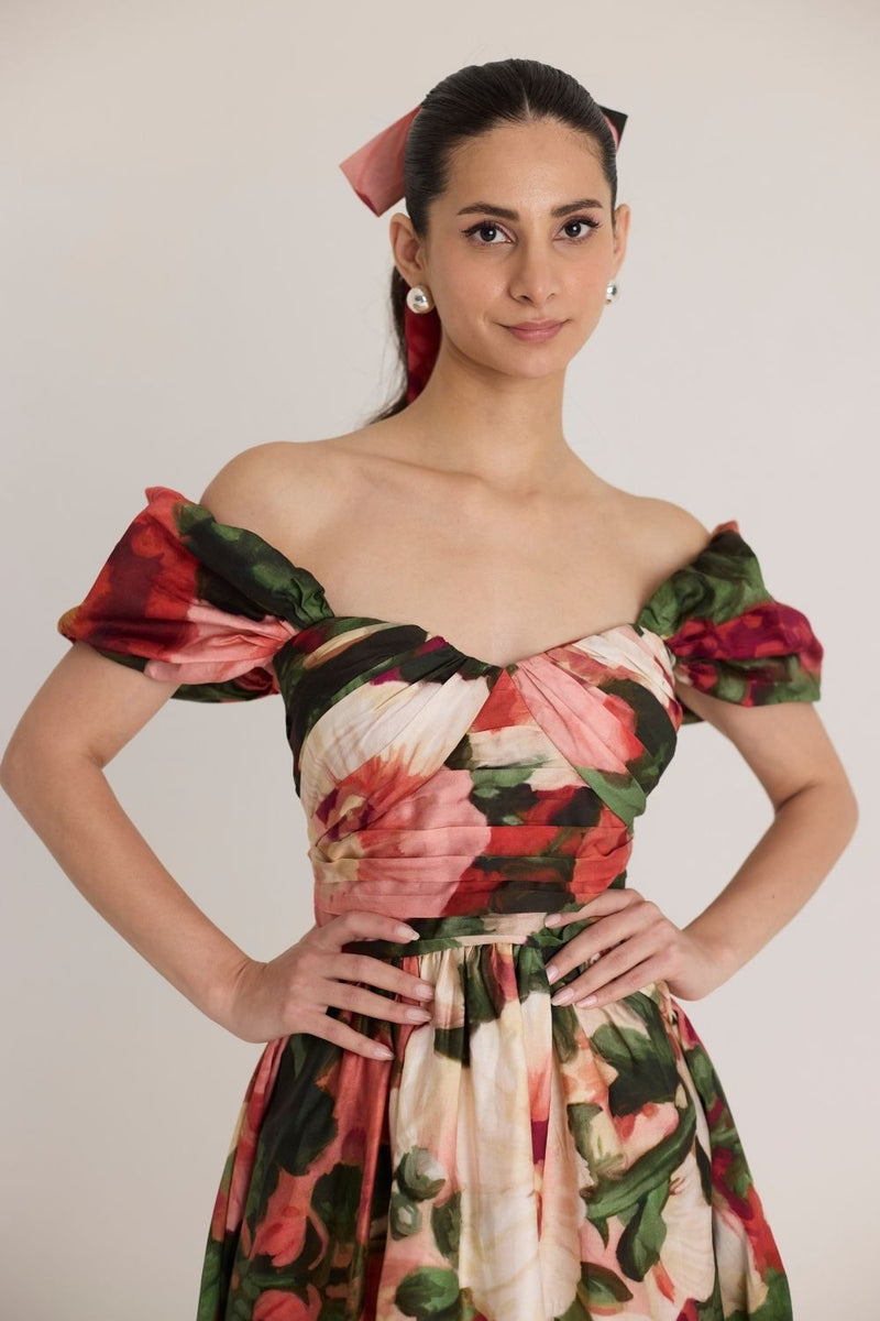 SCARLETT PUFF SLEEVE DRESS satin by Yam in multi color for women in Singapore