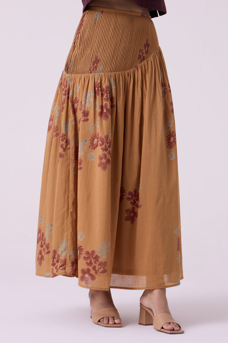 Kaika Floral Hand Printed Maxi Skirt hand block printed cotton mul skirt by The Summer House in brown for women in Singapore
