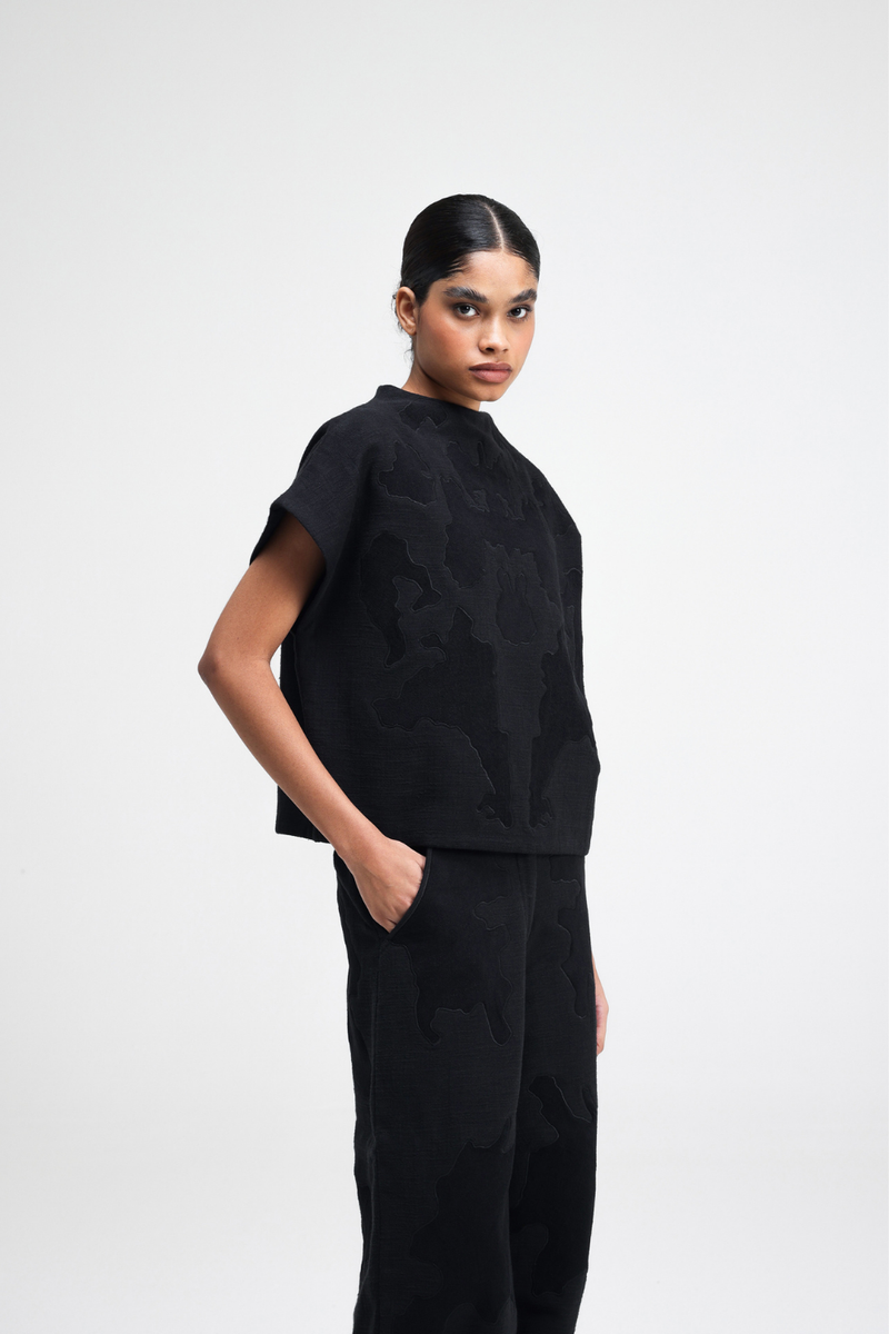 Dara Embroidered Top linen by Turn Black in black color for women in Singapore