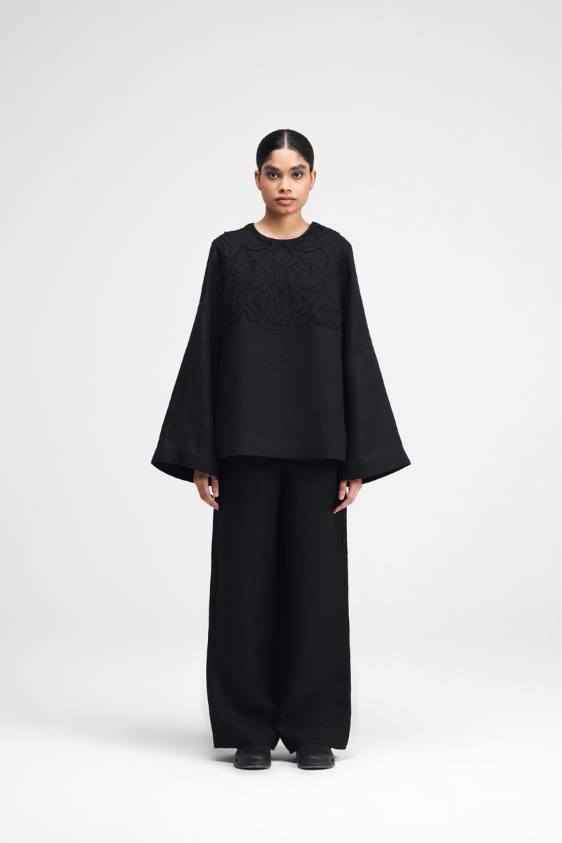 Tami Hand-Embroidered Top linen by Turn Black in black color for women in Singapore
