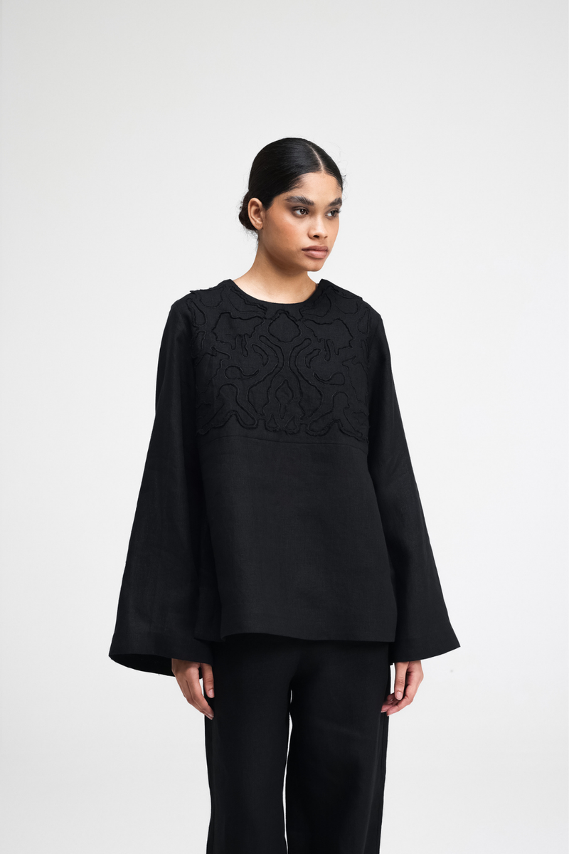 Tami Hand-Embroidered Top linen by Turn Black in black color for women in Singapore
