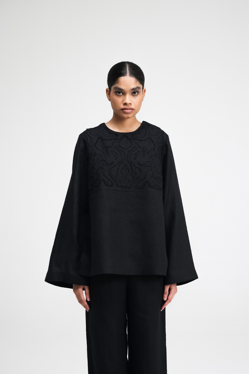 Tami Hand-Embroidered Top linen by Turn Black in black color for women in Singapore