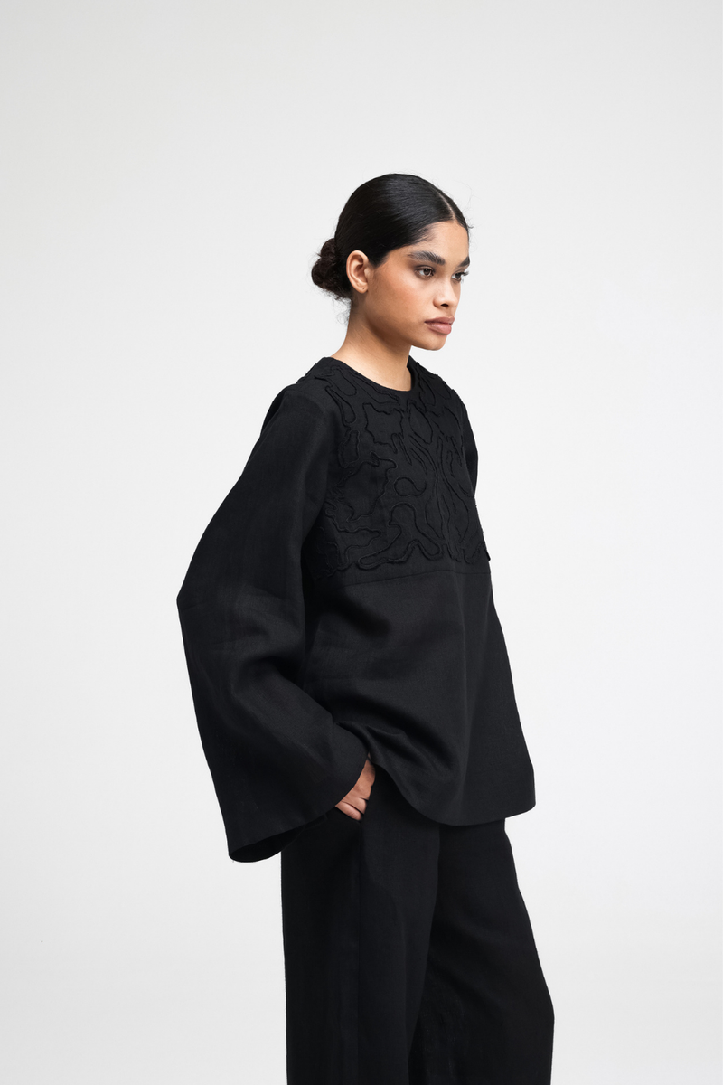Tami Hand-Embroidered Top linen by Turn Black in black color for women in Singapore