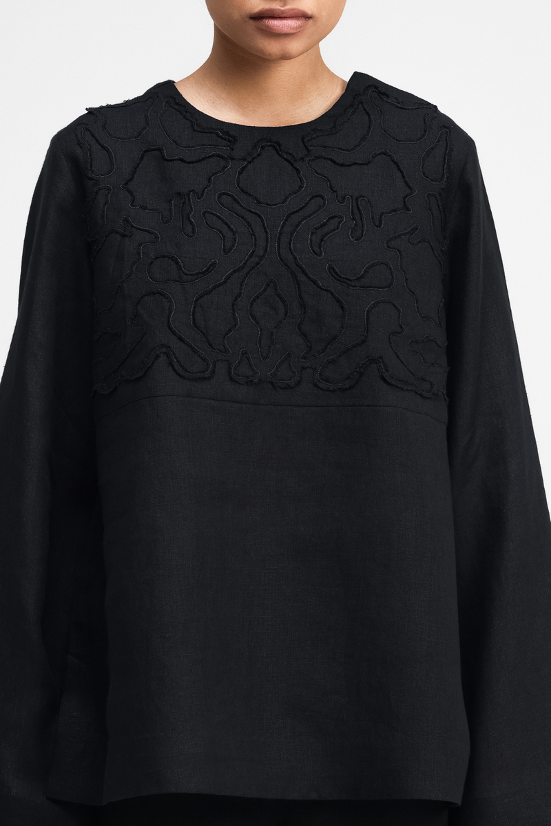 Tami Hand-Embroidered Top linen by Turn Black in black color for women in Singapore