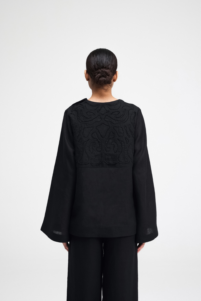 Tami Hand-Embroidered Top linen by Turn Black in black color for women in Singapore