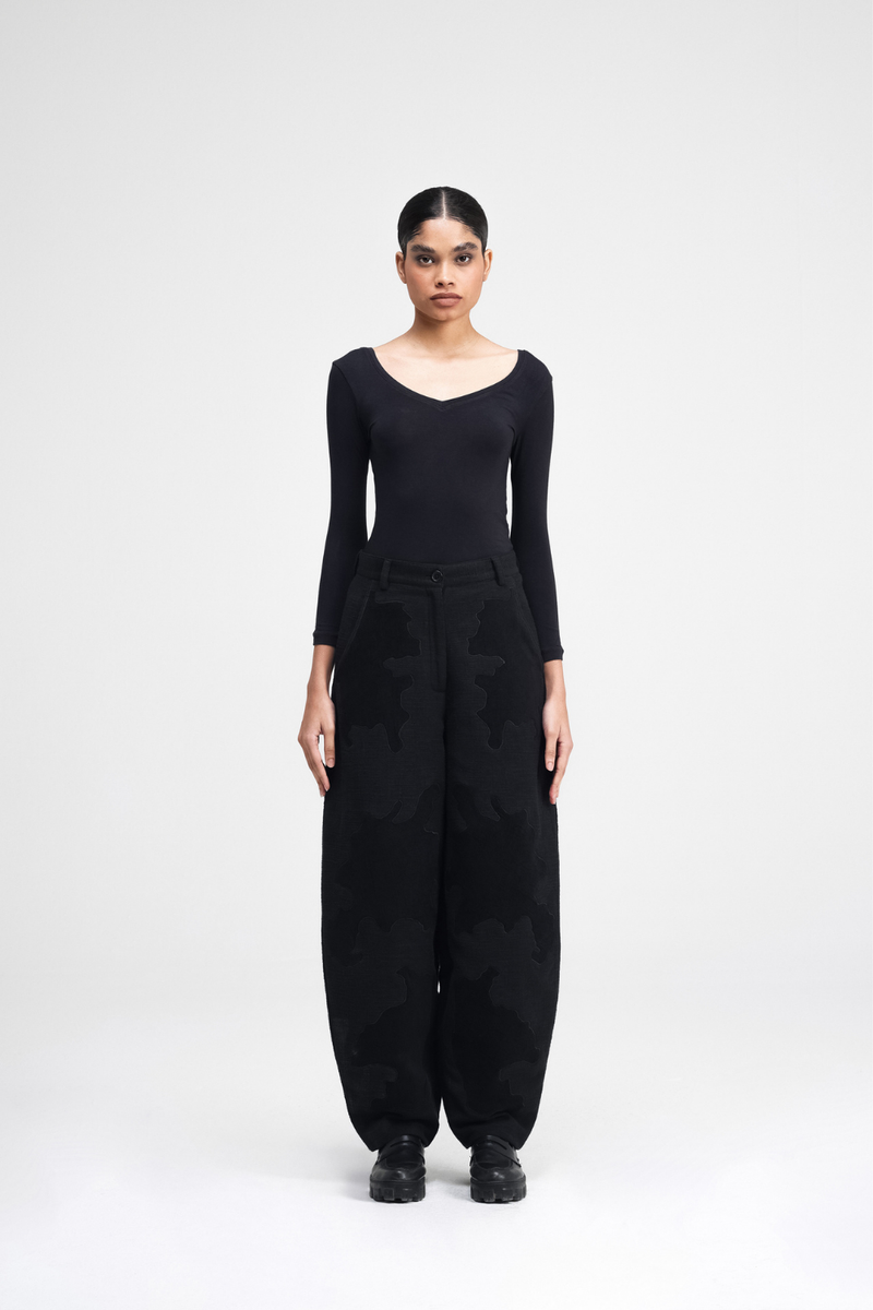 Plume Embroidered Pants linen by Turn Black in black color for women in Singapore