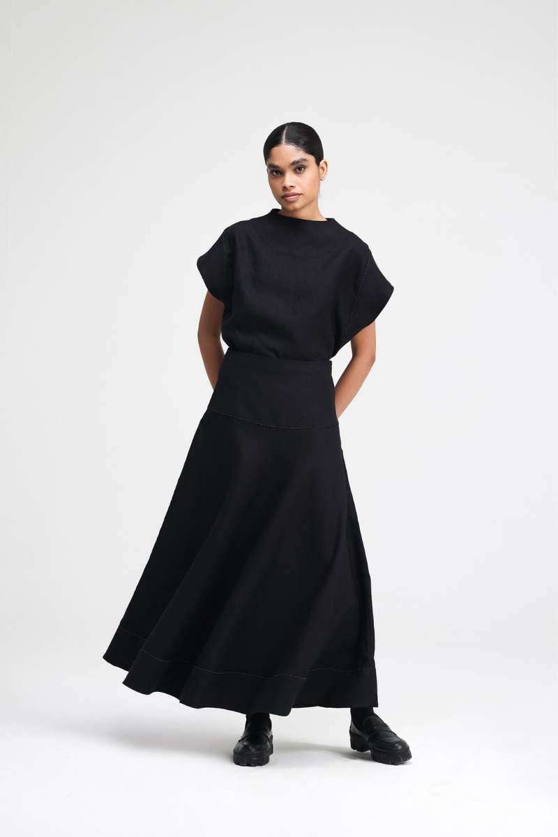 Caro Hand-Embroidered Co-ord Set linen by Turn Black in black color for women in Singapore