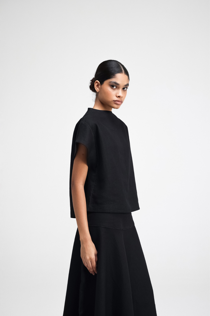 Caro Hand-Embroidered Co-ord Set linen by Turn Black in black color for women in Singapore