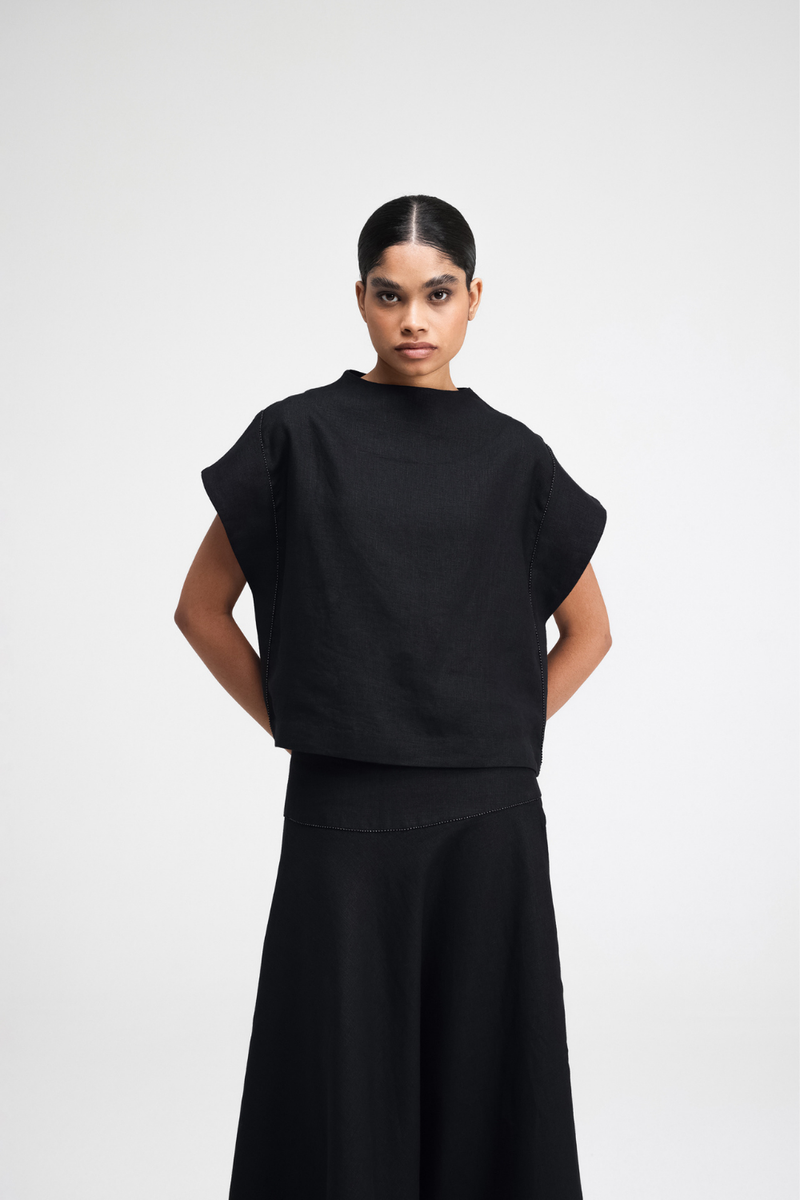 Caro Hand-Embroidered Co-ord Set linen by Turn Black in black color for women in Singapore