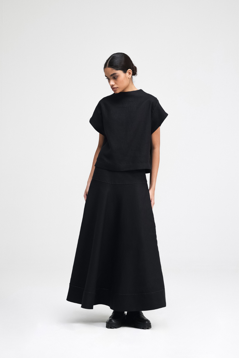 Caro Hand-Embroidered Co-ord Set linen by Turn Black in black color for women in Singapore