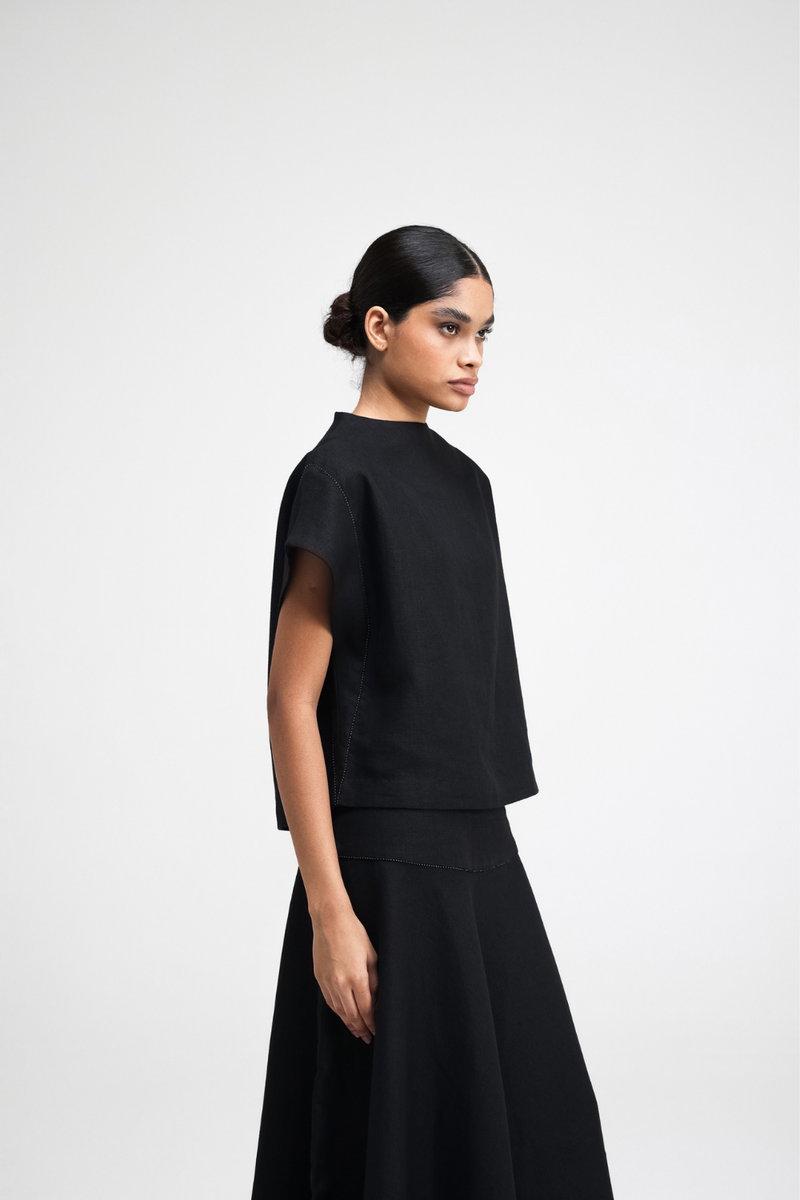 Caro Hand-Embroidered Co-ord Set linen by Turn Black in black color for women in Singapore