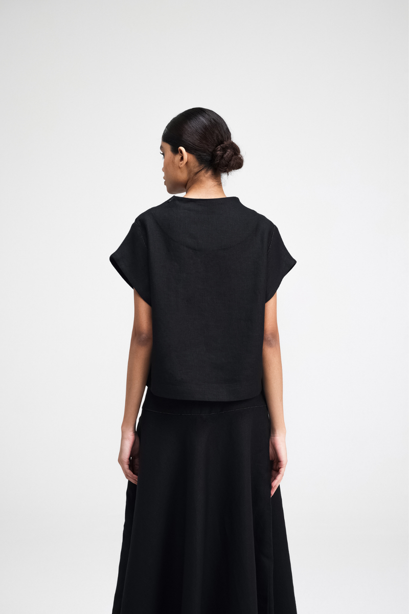 Caro Hand-Embroidered Co-ord Set linen by Turn Black in black color for women in Singapore