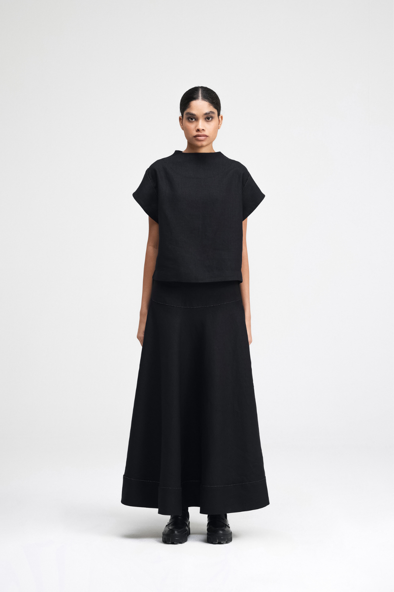Caro Hand-Embroidered Co-ord Set linen by Turn Black in black color for women in Singapore