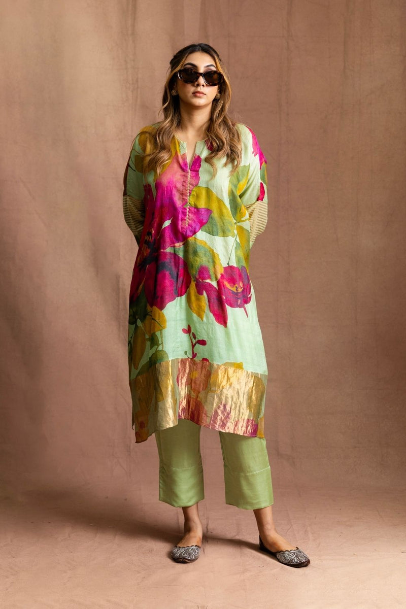 Floral Tussore Tunic Set-Mint Floral Silk Tussore Kurta Set Sabo by Sabina — Canvas & Weaves Singapore