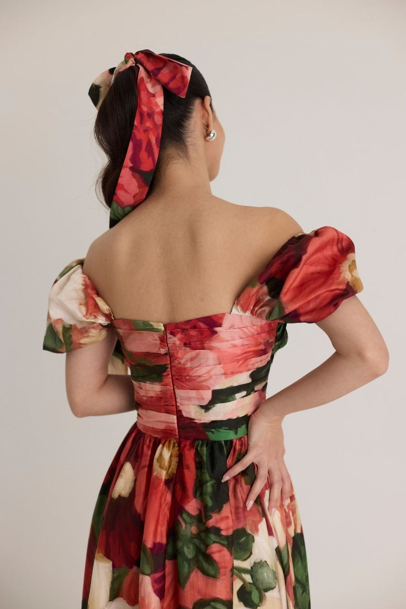 SCARLETT PUFF SLEEVE DRESS satin by Yam in multi color for women in Singapore