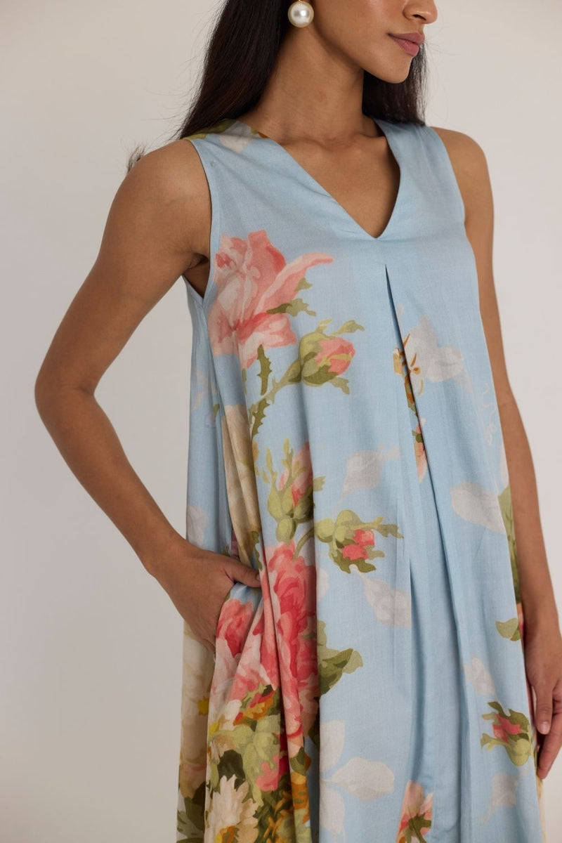 TAFFY V NECK DRESS satin by Yam in blue color for in Singapore