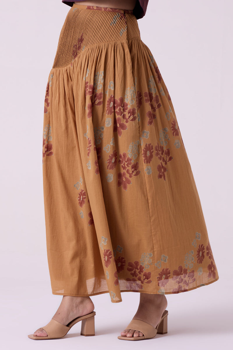 Kaika Floral Hand Printed Maxi Skirt hand block printed cotton mul skirt by The Summer House in brown for women in Singapore