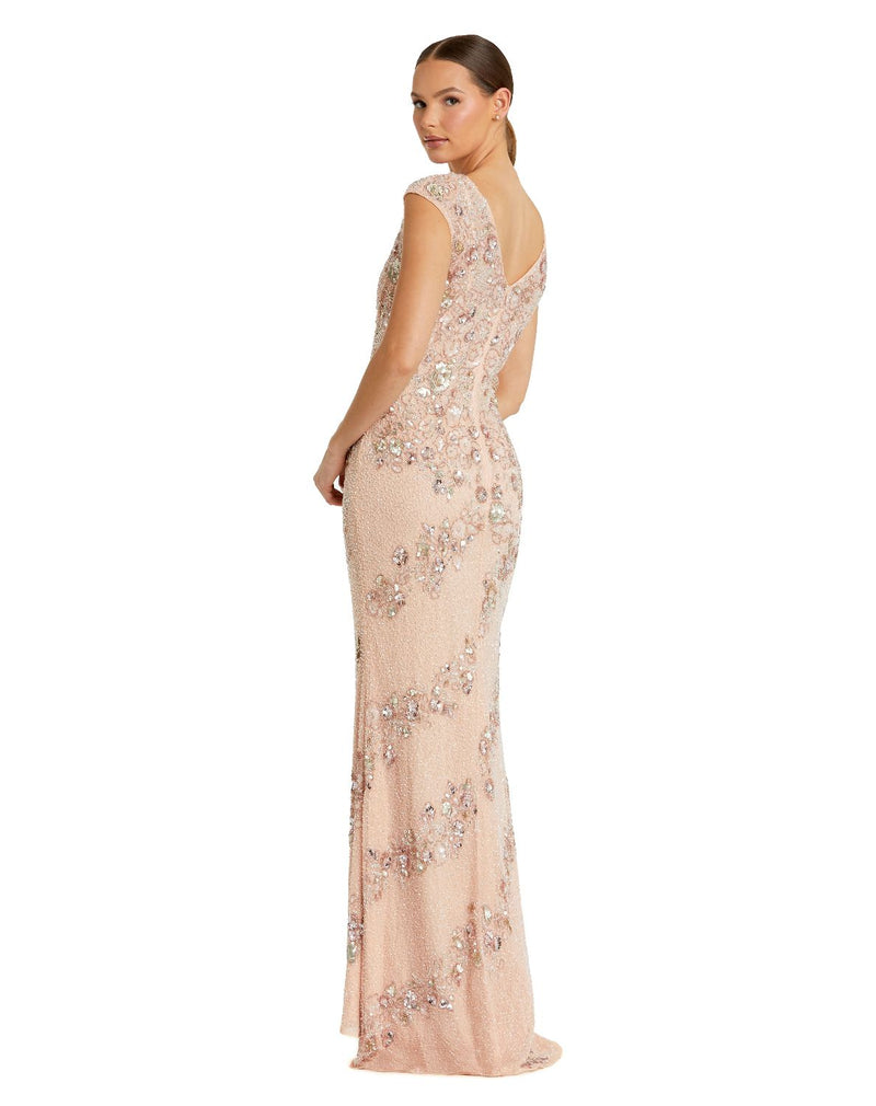 5500 - Pink Floral Embellished Cap Sleeve Column Gown by Mac Duggal in pink color for women in Singapore