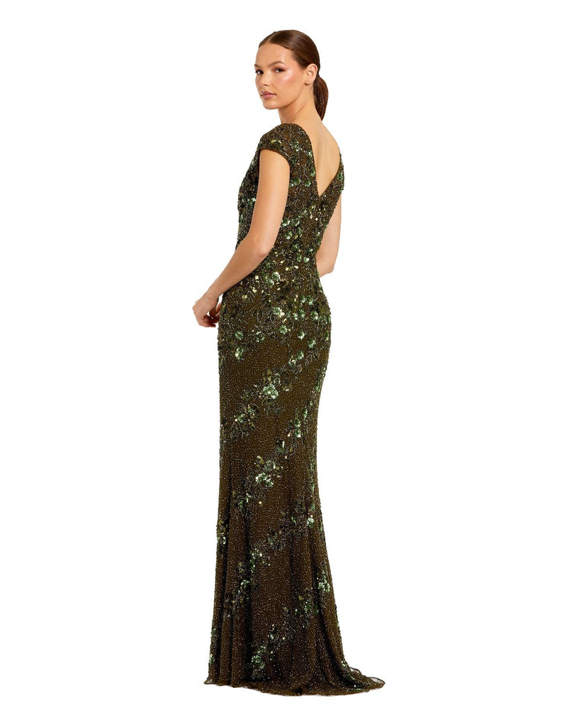 5500 - Green Floral Embellished Cap Sleeve Column Gown by Mac Duggal in green color for women in Singapore