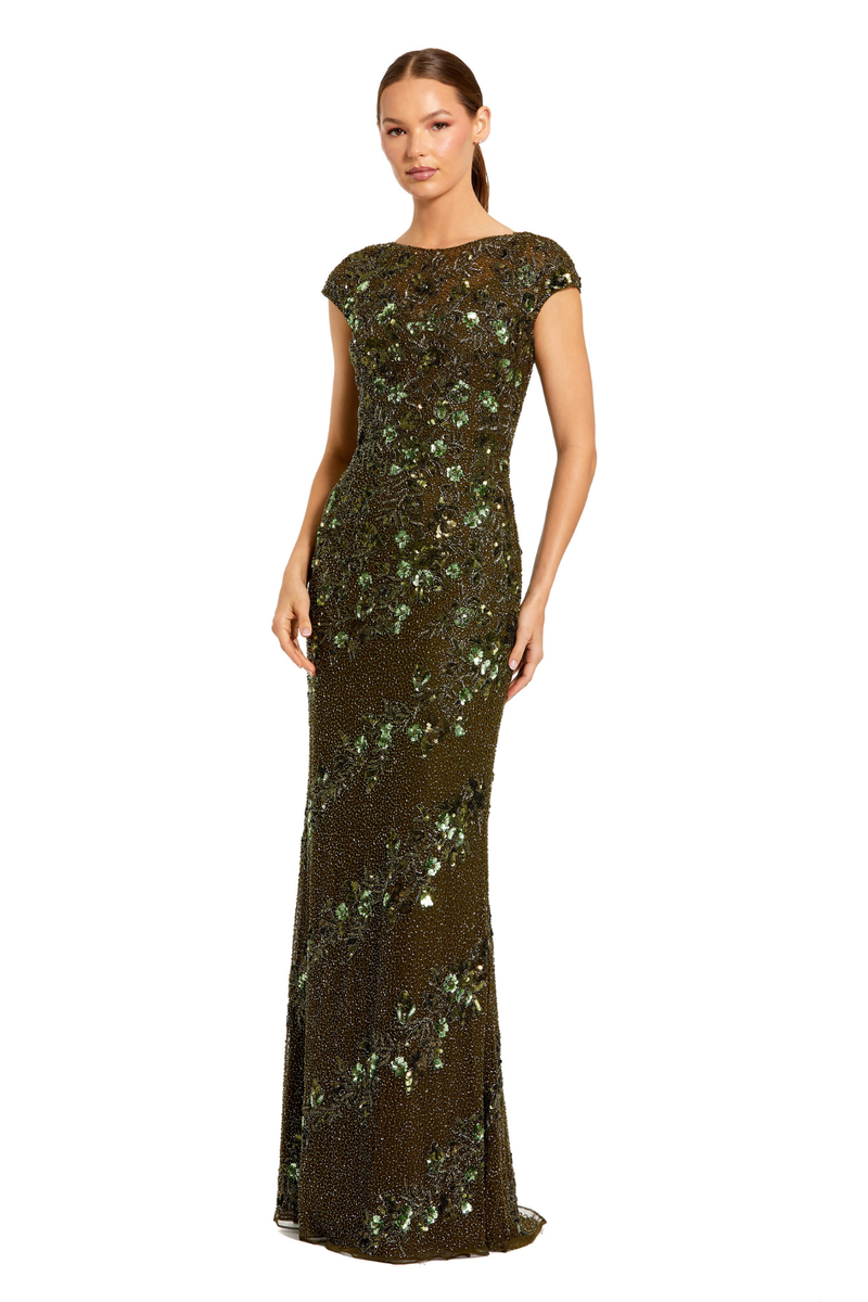 5500 - Green Floral Embellished Cap Sleeve Column Gown by Mac Duggal in green color for women in Singapore