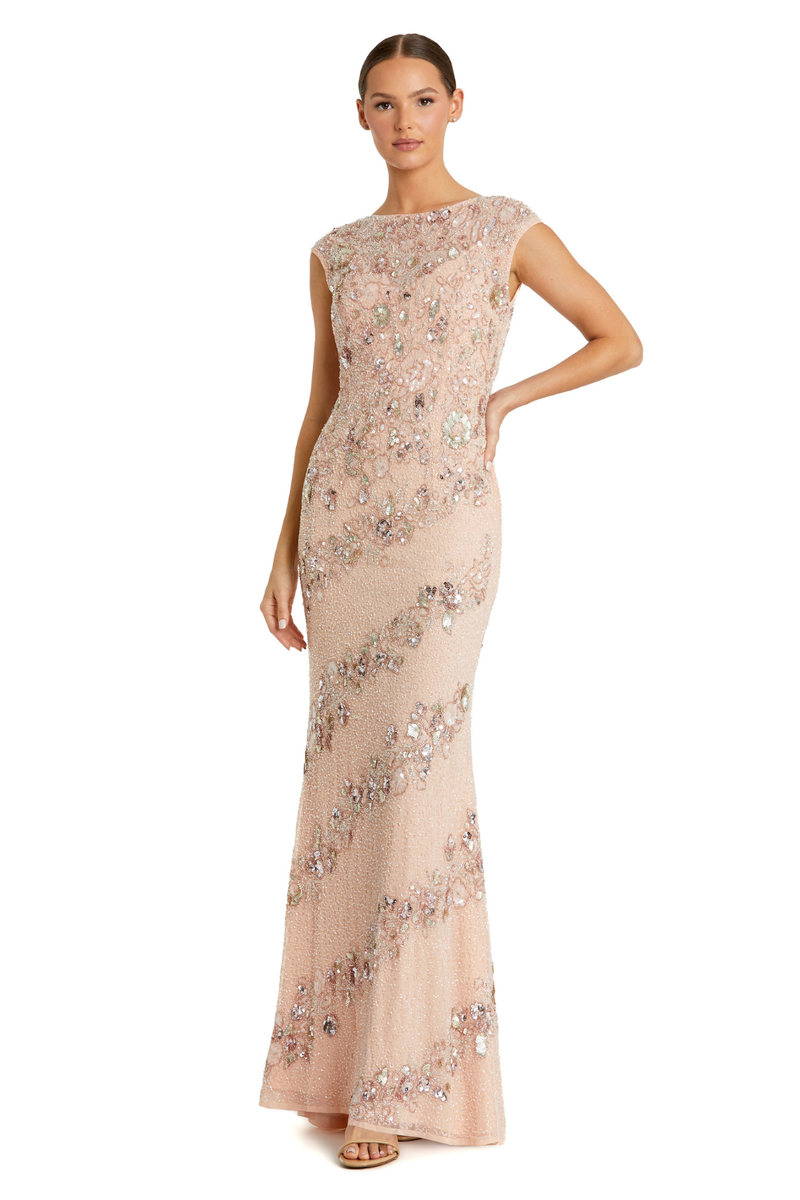 5500 - Pink Floral Embellished Cap Sleeve Column Gown by Mac Duggal in pink color for women in Singapore