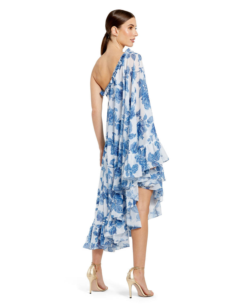 MD-55073 One Shoulder Printed Dress-Blue chiffon by Mac Duggal in blue color for women in Singapore
