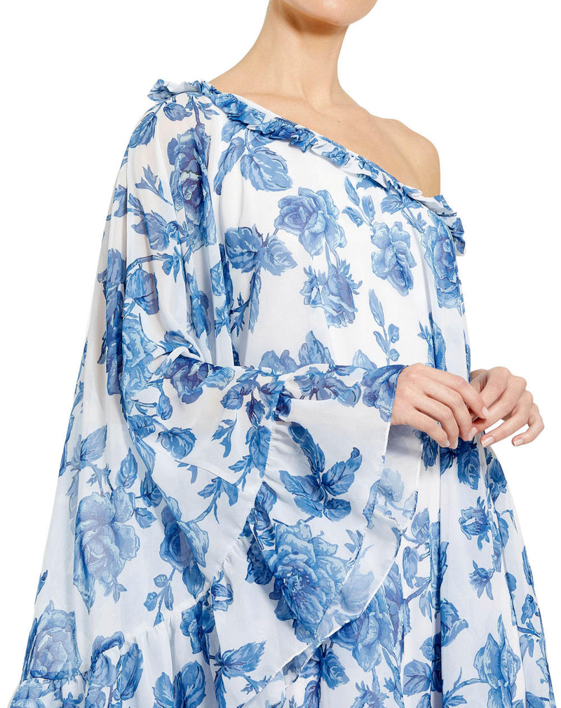 MD-55073 One Shoulder Printed Dress-Blue chiffon by Mac Duggal in blue color for women in Singapore