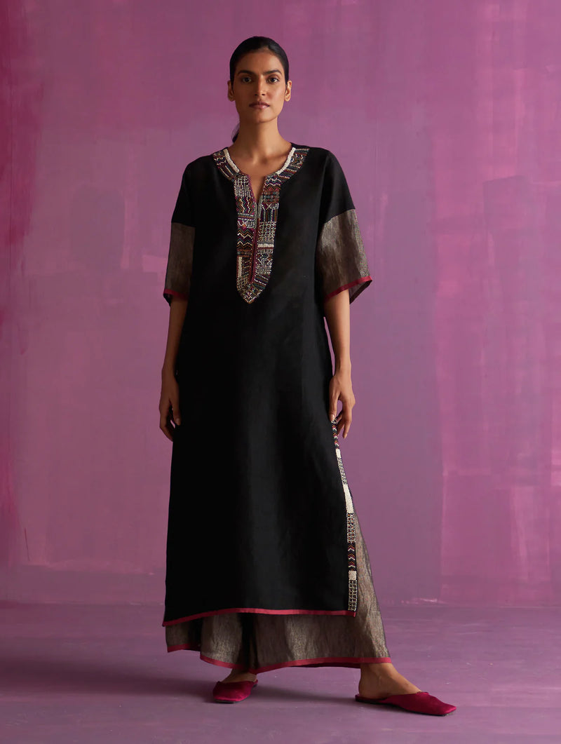 Mato Hand-Embroidered Kurta - Black linen by Manan in black color for women in Singapore