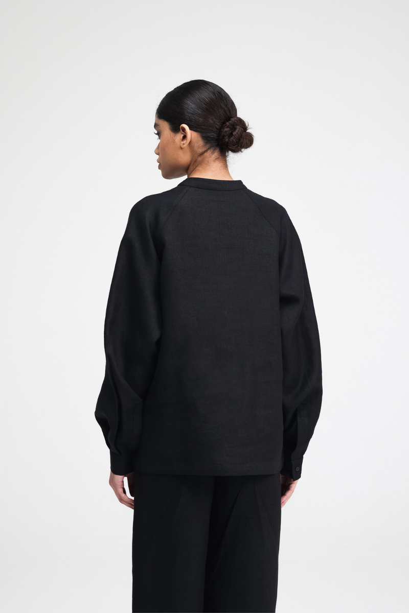 Cali Raglan Shirt linen by Turn Black in black color for men in Singapore