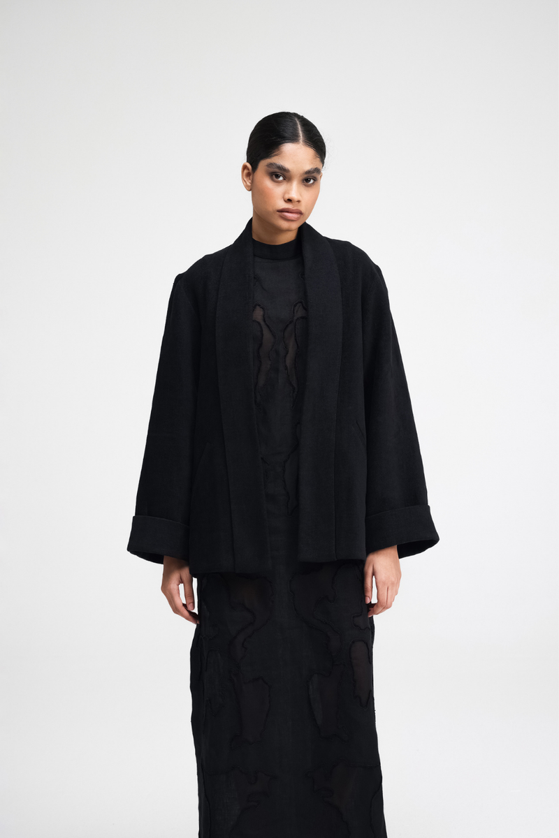 Cali Raglan Shirt linen by Turn Black in black color for men in Singapore