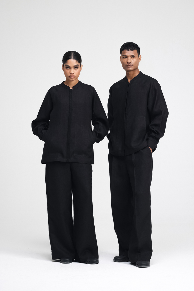 Cali Raglan Shirt linen by Turn Black in black color for men in Singapore