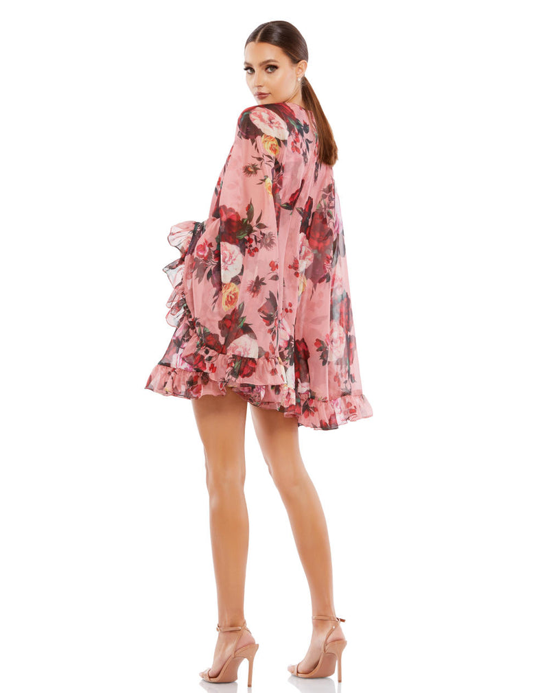 55404-Floral Print High Neck Ruffle Hem Cape Mini Dress chiffon by Mac Duggal in multi color for women in Singapore